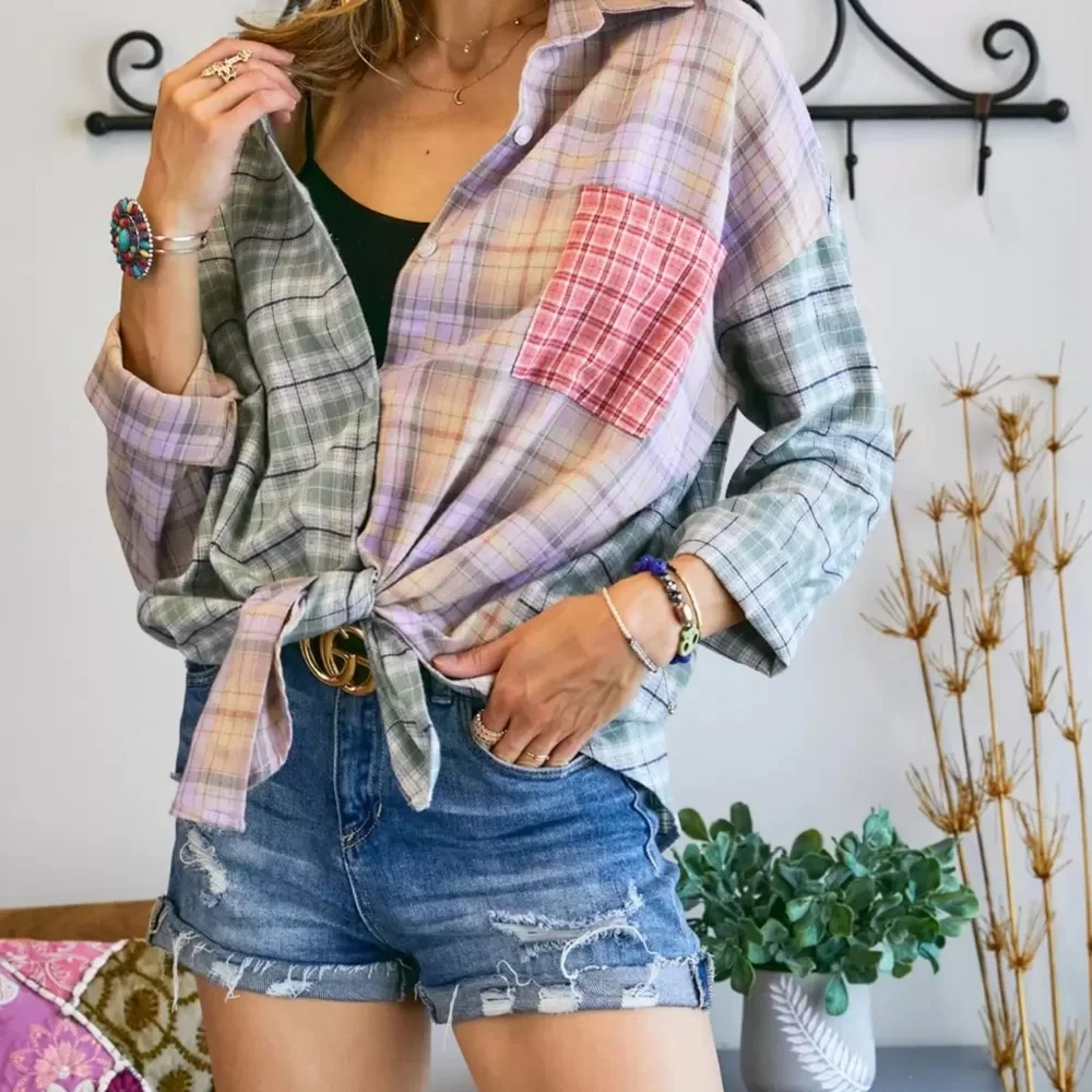 New Purple & Sage Plaid Flannel Button Down Pocket Shirt Small Medium Large - Picture 15 of 16